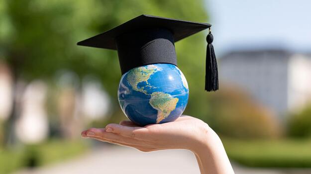Hand holding a globe with a graduation cap, representing global study opportunities